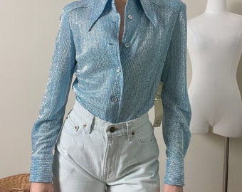 vintage 60s 70s metallic blue sparkly dagger collar button shirt top blouse by craig craely