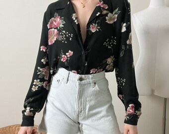 vintage 90s black floral dainty collared button shirt blouse top by jaclyn smith