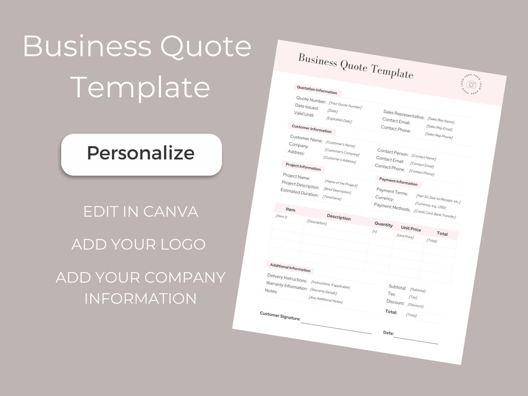 Professional Business Quote Template, Canva EDITABLE Quote Form, Small ...