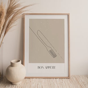 Fork and knife line art, kitchen wall print, BON APPÉTIT wall art