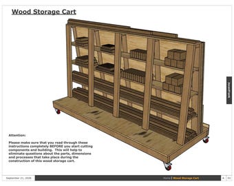 May include: A wood storage cart with multiple shelves and a slanted frame, mounted on red-wheeled casters. The document includes the title Wood Storage Cart, a warning to read instructions before building, and the date September 21, 2026.