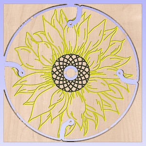 May include: A wooden cutout of a sunflower with yellow petals and a dark brown center. The sunflower is designed to be used as a decorative element.