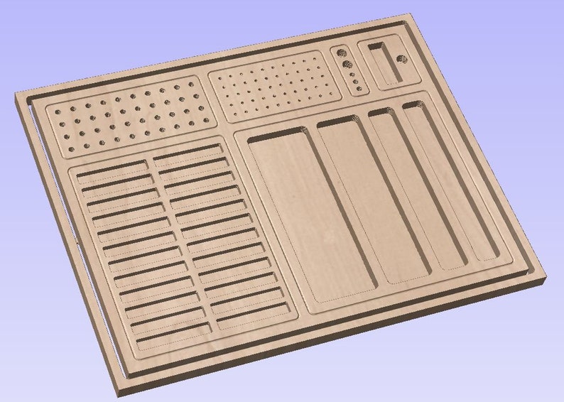 May include: A wooden organizer with multiple compartments and a pegboard section. The organizer is made of light brown wood and has a smooth finish.