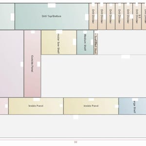 May include: A diagram showing the layout of a piece of furniture with different panels and shelves. The panels are labeled "Outside Panel", "Inside Panel", "Back Panel", "Counter Panel", and "Edge Shelf". The shelves are labeled "Main Shelf", "Lower Shelf", and "Top Shelf". The diagram also includes labels for "Drill Top/Bottom", "Drill Divider", and "Side Shelf".