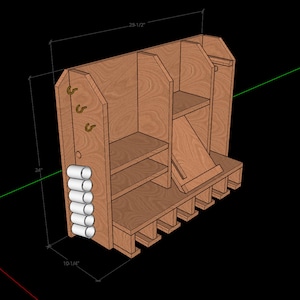 May include: A wooden wall-mounted storage unit with shelves, hooks, and a rod for holding items. The unit is approximately 30 inches tall and 18 inches wide.