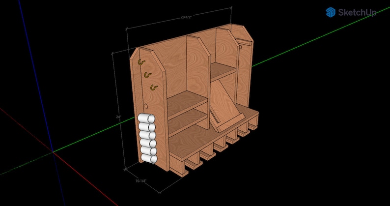 May include: A wooden wall-mounted storage unit with shelves, hooks, and a rod for holding items. The unit is approximately 30 inches tall and 18 inches wide.