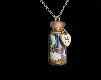 Pot de sorts d'astrologie Poissons, énergie de Neptune, signe du zodiaque, chakra de la couronne, larimar, cyanite, howlite, lavande, menthe poivrée, armoise, aiguille de pin