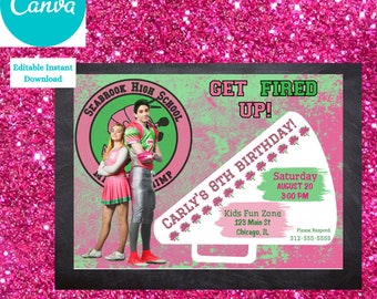 May include: A pink and green birthday invitation with a megaphone graphic and the text "Carly's 8th Birthday! Get Fired Up!"  The invitation includes details for the event, including the date, time, and location.  The invitation also features a cartoon image of two teenagers dressed in cheerleading and football uniforms.