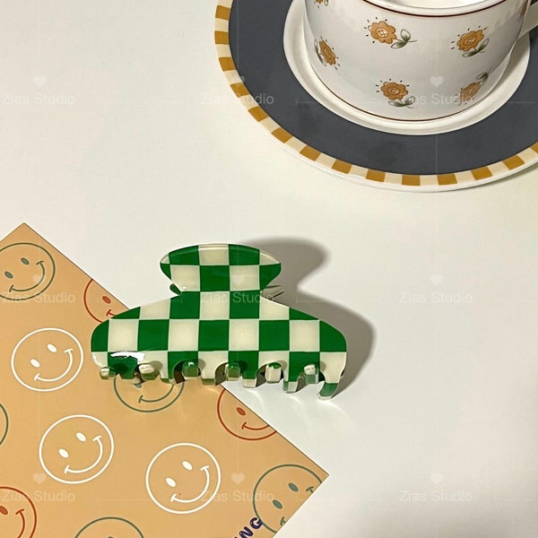 CLEARANCE Hair Claw Clips/ Green Tortoise  Hair Claw/ Checkered Hair Claw Clip/ Medium Hair Claw/ Cute Acetate Hair Claw/ Buy 1 get 1 free