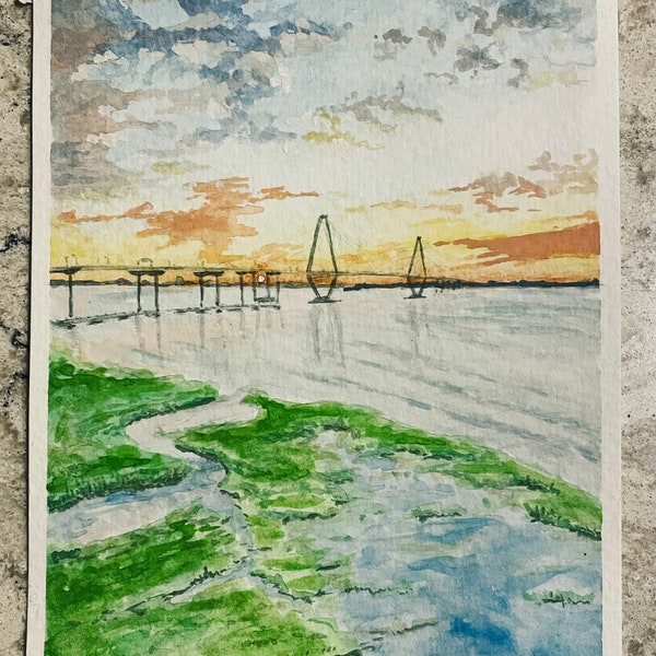 Arthur Ravenel Bridge from Mount Pleasant - original 4” x 7” watercolor painting