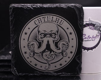Lovecraft Cthulhu Laser Engraved Slate Coasters - Set of 4