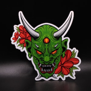 Japanese Green Oni Demon Hannya Mask holographic gloss matte Vinyl Sticker