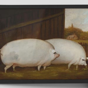 May include: Framed artwork featuring two large white pigs in a barn setting. The painting has a rustic, pastoral feel with a brown barn door and a glimpse of a landscape in the background. The pigs are the focal point.