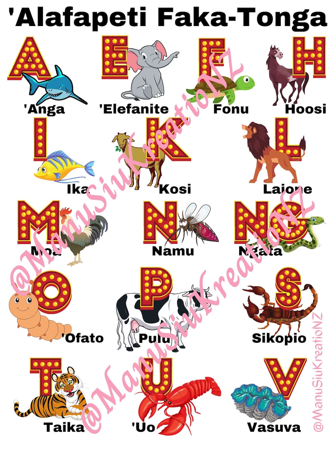 Kids Tongan Alphabet Animals / Alafapeti Fakatonga Etsy