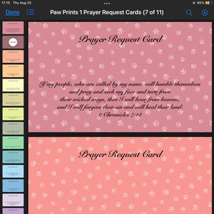 Könnte beinhalten: Gebetswunschkarten mit Pfotenabdruckmustern in Rosa, Pfirsich und Orange. Jede Karte enthält einen anderen Bibelvers. Der Text "Prayer Request Card" steht oben auf jeder Karte.