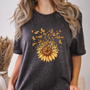 Sunflower Butterfly Shirt, Butterfly Tee, Mothers Day Gift Shirt, Sunflower Shirt, Floral V-neck, Flowers Gift T-shirt, Botanical Tee,Flower