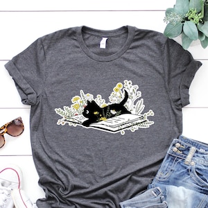 Cute Book Cat Shirt,Cat Book Shirt, Floral book art Shirt, Book Nerd Shirt,Funny Book Lover T-shirt, Cat lover shirt,Reader Bookish Shirt,