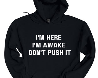 I'm Here I'm Awake Don't Push It Hoodie Sarcastic Hoodie Funny Winter Hoodies Adult Humor Funny Gift Idea Sarcasm Funny Hooded Sweatshirt