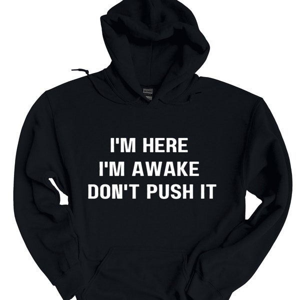 I'm Here I'm Awake Don't Push It Hoodie Sarcastic Hoodie Funny Winter Hoodies Adult Humor Funny Gift Idea Sarcasm Funny Hooded Sweatshirt