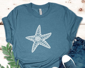 Beach Tee, Cute Starfish Mandala, Starfish Zentangle Design, premium unisex shirt, 3 color choices, 3x beach, 4x beach, plus sizes available