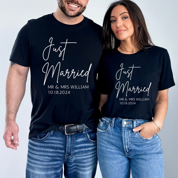 Just Married T-Shirt, Custom Honeymoon Shirt, Mr and Mrs Honeymoon Gift, Wedding Anniversary T-Shirt, Husband and Wife Couples Honeymoon Tee