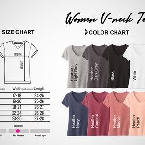 May include: Size chart for a women's V-neck tee shirt with measurements in inches. The chart shows the width and length of the shirt in different sizes: S, M, L, XL, and 2XL. The chart also includes a guide to how the shirt fits: runs small, fits perfect, and runs large. The color chart shows the shirt in 10 different colors: Heather Light Grey, Heather Dark Grey, Black, White, Heather Navy, Heather Cardinal, Heather Mauve, Heather Peach, and two other colors.