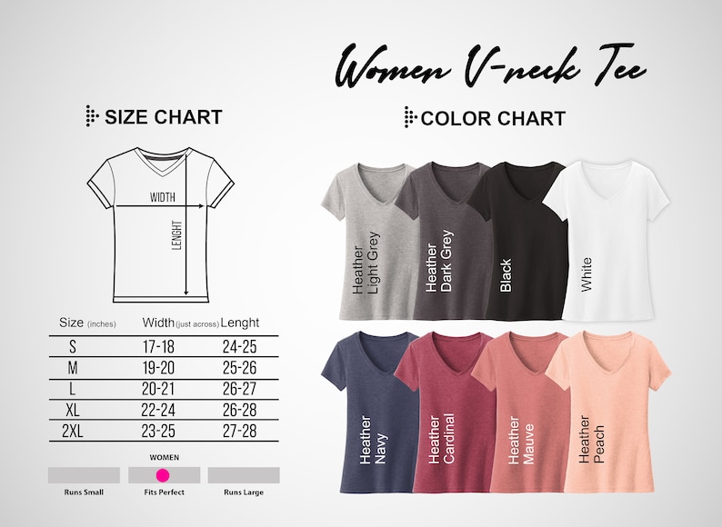 May include: Size chart for a women's V-neck tee shirt with measurements in inches. The chart shows the width and length of the shirt in different sizes: S, M, L, XL, and 2XL. The chart also includes a guide to how the shirt fits: runs small, fits perfect, and runs large. The color chart shows the shirt in 10 different colors: Heather Light Grey, Heather Dark Grey, Black, White, Heather Navy, Heather Cardinal, Heather Mauve, Heather Peach, and two other colors.