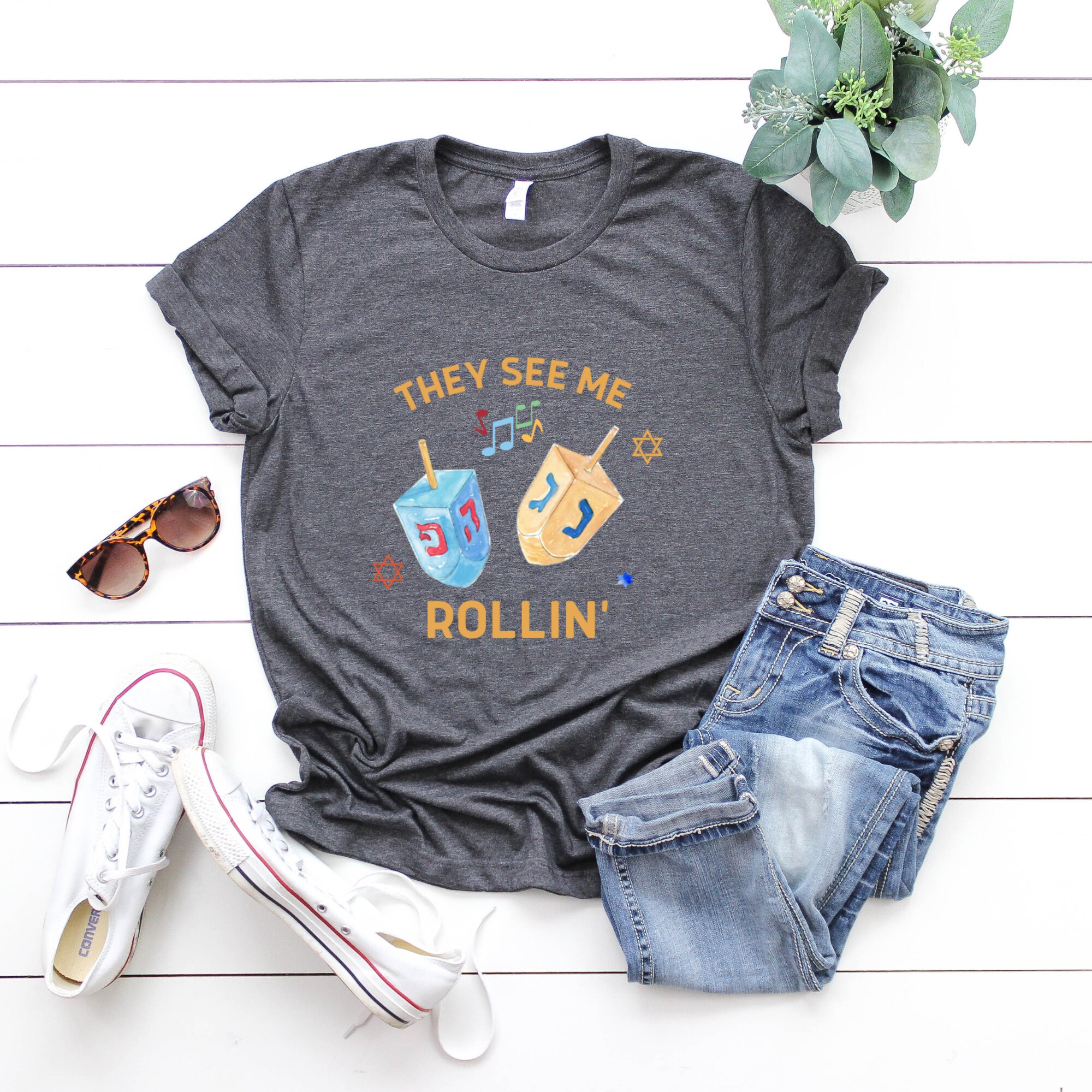 Discover They See Me Rollin Hanukkah T-Shirt, Hanukkah Shirts For Women, Dreidel T-Shirt, Festival Of Lights Tee, Funny Hanukkah Tees