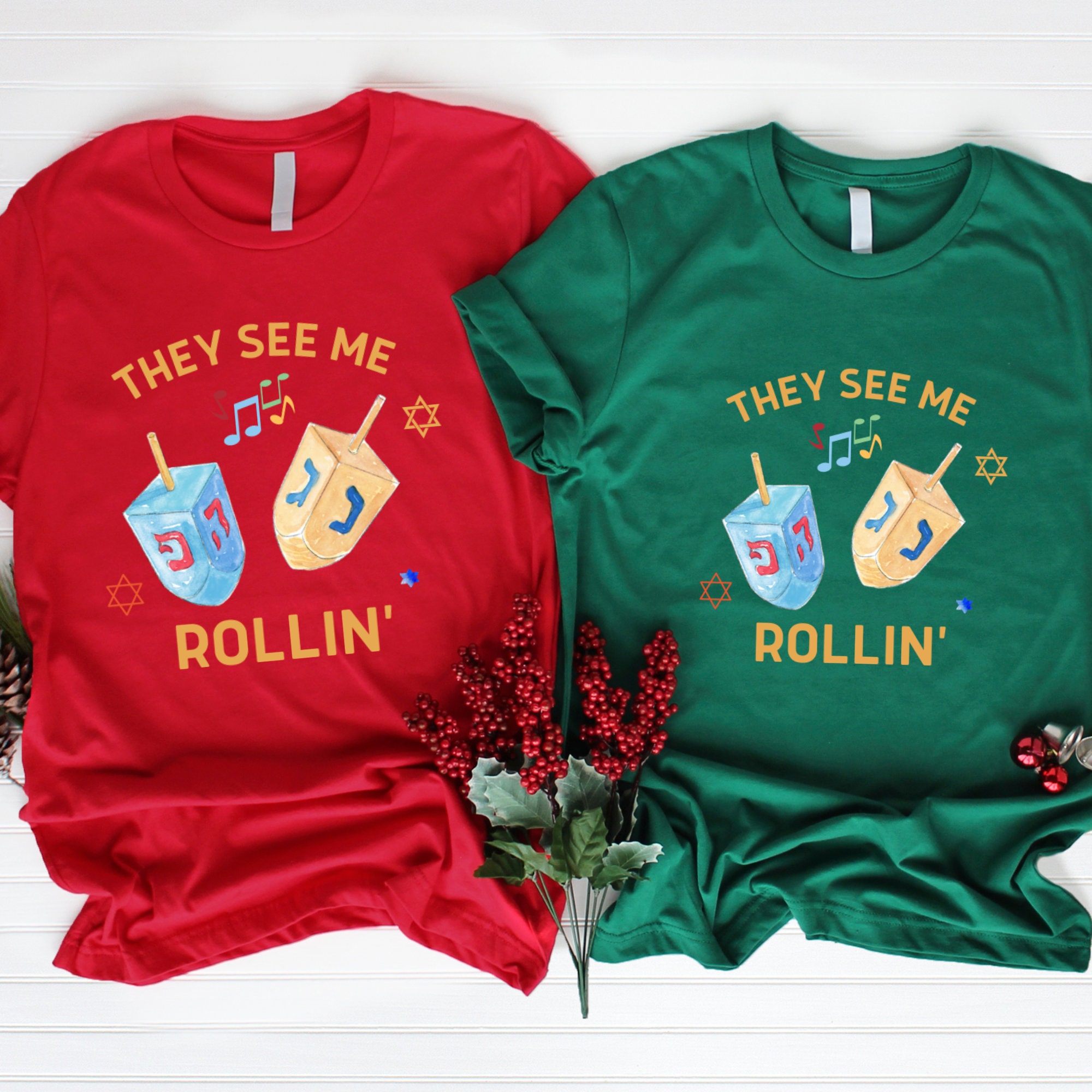 Discover They See Me Rollin Hanukkah T-Shirt, Hanukkah Shirts For Women, Dreidel T-Shirt, Festival Of Lights Tee, Funny Hanukkah Tees