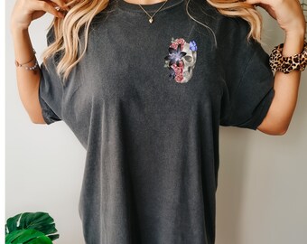 Comfort Colors® Floral Skull Shirt, Flower Skull TShirt, Gobblincore Boho Graphic Tee, Bloom Skull Fall Halloween Shirt, Oversized Witchy Bo