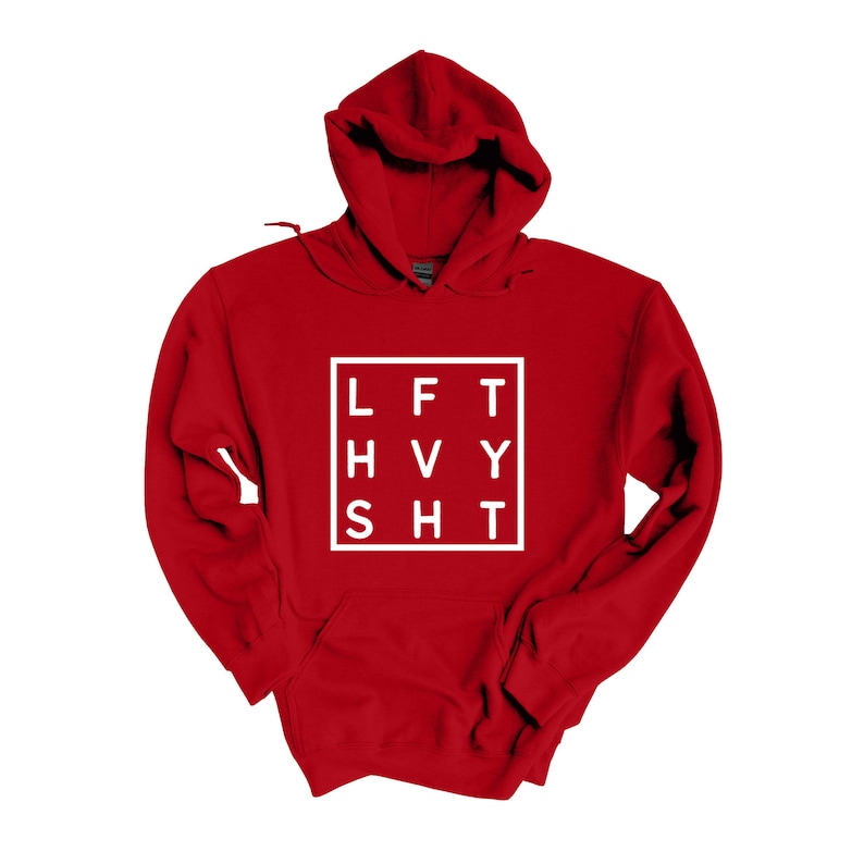 May include: Red hooded sweatshirt with a white graphic that says "LFT HVY SHT" in a square.
