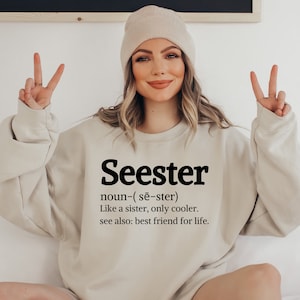 May include: A beige sweatshirt with the word "Seester" printed in black. The word is defined as "noun-(sē-ster) Like a sister, only cooler. see also: best friend for life."