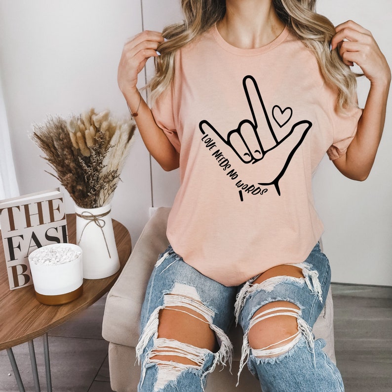 Love Needs No Words Sign Hand T-Shirt, Gift For Autism Teacher Shirt, Autism Support Tops Tee, Autism Awareness Shirt, Special Education Tee Heather Peach
