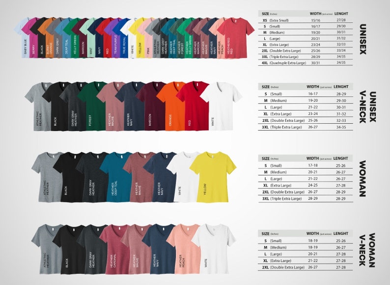 May include: A chart showing different sizes and measurements for unisex and women's V-neck t-shirts. The chart includes measurements for width and length in inches. The t-shirts are available in a variety of colors, including black, white, red, blue, green, and yellow.