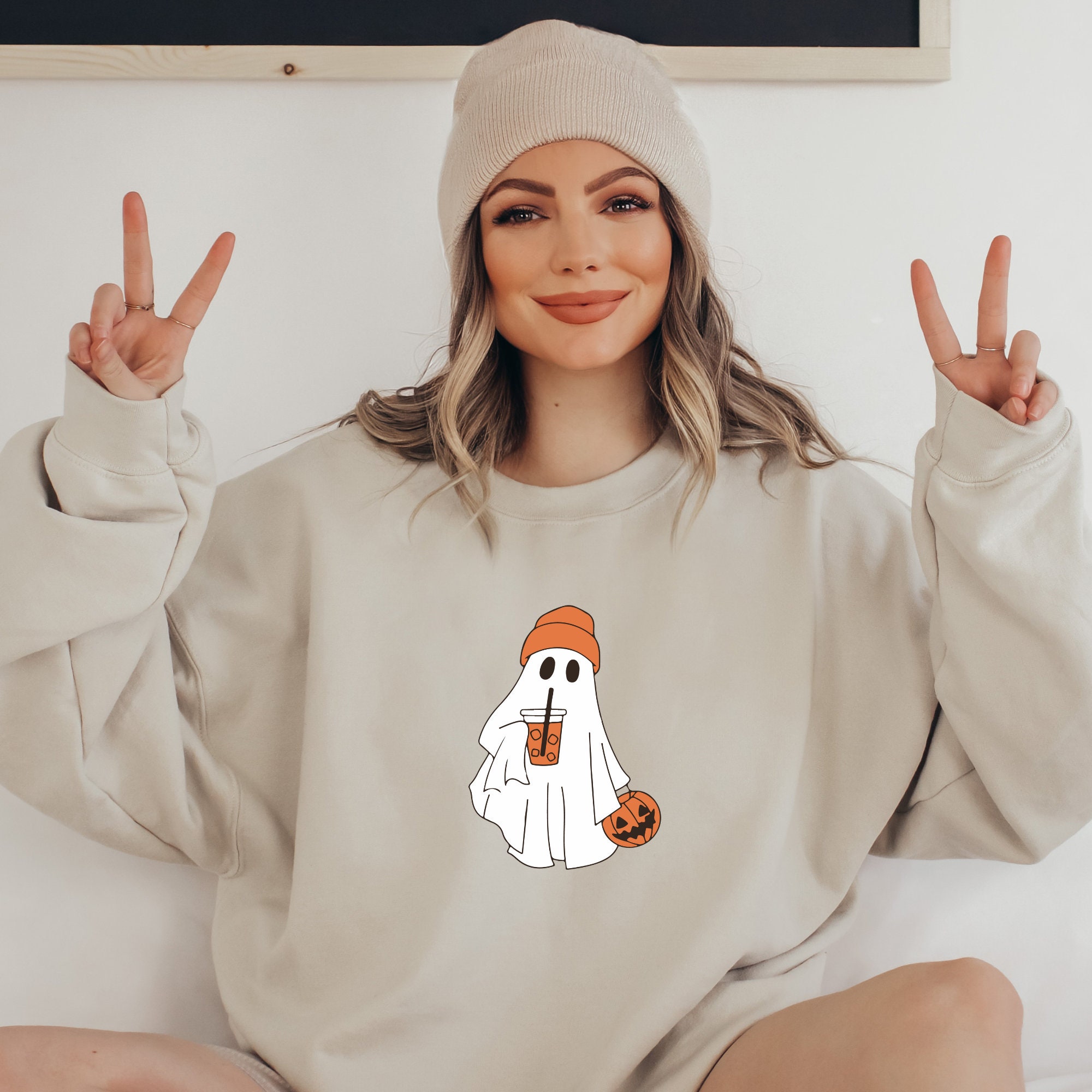 Cute Ghost Drinking Coffee Sweatshirt, Halloween Party Shirt, Fall Graphic Shirt, Ghost Ice Coffee, Spooky Season, Fall Coffee Lover Hoodie