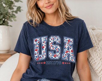USA Floral Shirt, Patriotic EST 1776 T-Shirt, Red White Blue Fourth of July Tee, Americana Summer Graphic Shirt