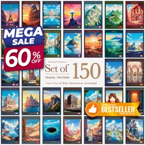 150 Travel Poster Pack | Travel Wall Art | Vintage Poster | Educational Wall Collage | WORLD Travel Print | PRINTABLE Travel Poster | 01