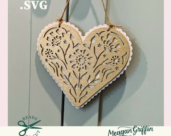 SVG 3D Floral heart hanger design, valentines, nursery, kids room, playroom, laser-cut file, digital download, svg file, glowforge file