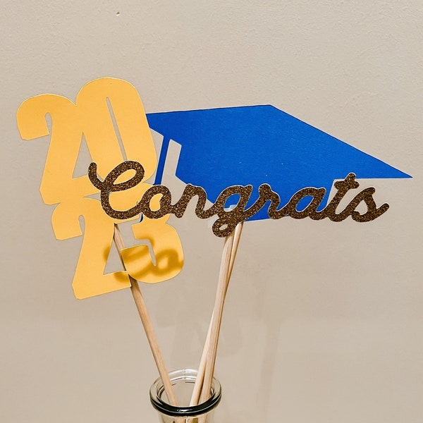 Graduation Centerpiece, 2024, Grad Cap, and Congrats Cutouts to add to Graduation Table Centerpieces or Floral Arrangements, Party Decor