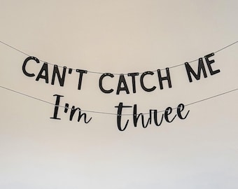 Third Birthday Party Decoration, Can't Catch Me I'm Three Banner, 3rd Birthday Party Sign