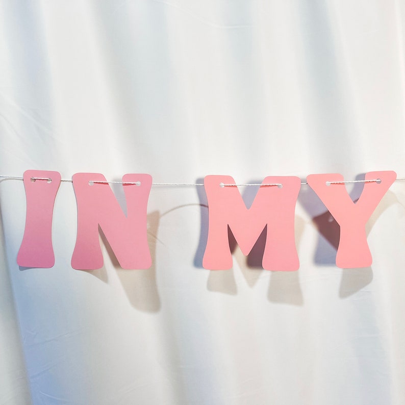 May include: A pink banner with the words "IN MY" strung across a white string. The letters are in a bold, rounded font and are a soft, pastel pink color. The banner is hanging against a white backdrop.