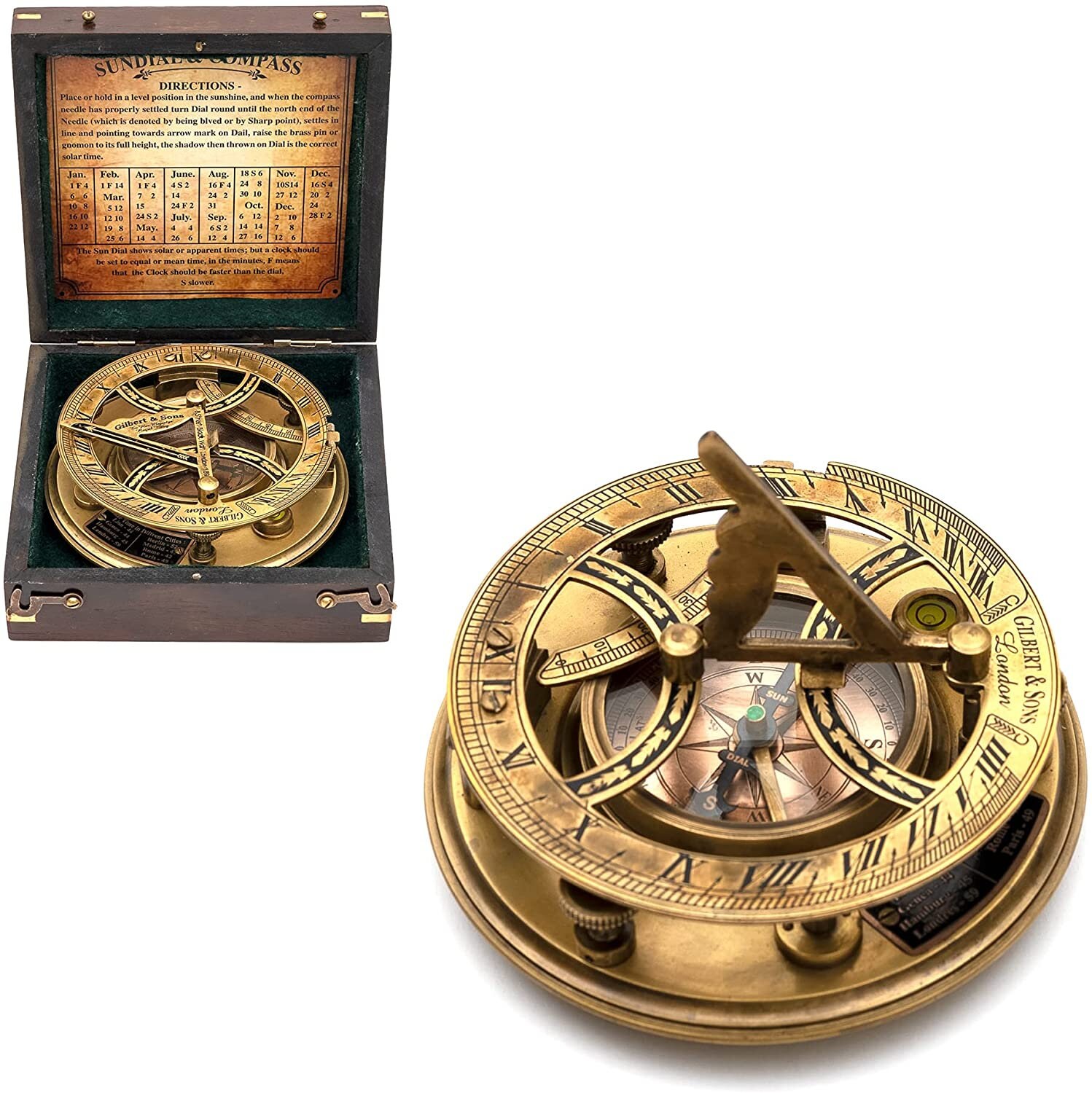 5 inches Nautical Brass Large Sundial Compass in Case Top Grade Calibrated Gift 
