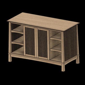 May include: A light brown wooden cabinet with a rectangular shape. The cabinet has a sloped top and is divided into sections with shelves and dark brown panels. The cabinet is supported by four short legs.