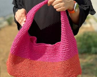 Knitted paper yarn bag, beach bag, tote bag, colorful bag, luxury bag, summer bag, handmade knitted paper bag, shoulder bag