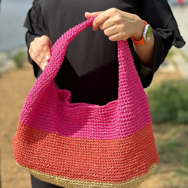 Knitted paper yarn bag, beach bag, tote bag, colorful bag, luxury bag, summer bag, handmade knitted paper bag, shoulder bag