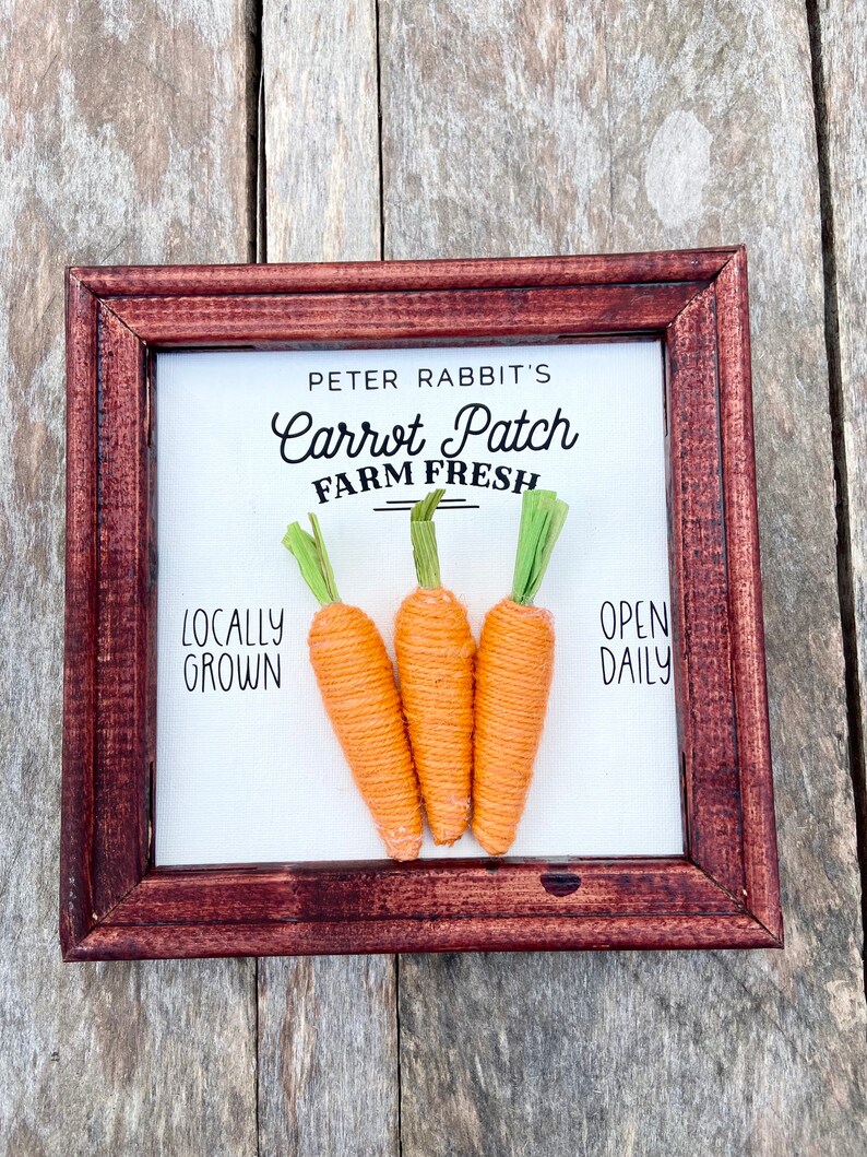 May include: A framed sign with the text "Peter Rabbit's Carrot Patch Farm Fresh" and the words "Locally Grown" and "Open Daily". Three orange yarn carrots are displayed on the sign.