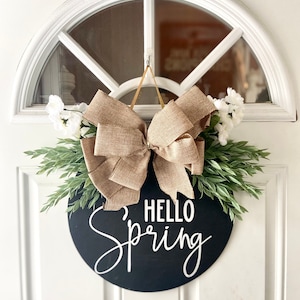 Hello Spring Door Hanger: Farmhouse Burlap Bow Welcome Sign