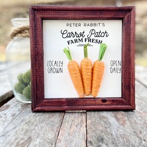 May include: A framed sign with the text "Peter Rabbit's Carrot Patch Farm Fresh" and the words "Locally Grown" and "Open Daily". Three yarn carrots are displayed on the sign.