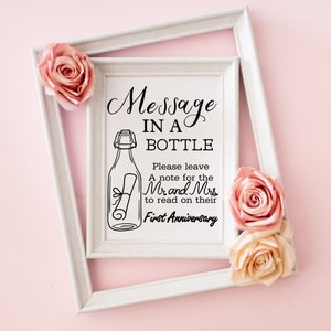 Message imprimable dans une bouteille de mariage, carte de correspondance de premier anniversaire, téléchargement immédiat, PDF et JPEG, 8 x 10, alternative au livre d'or de mariage