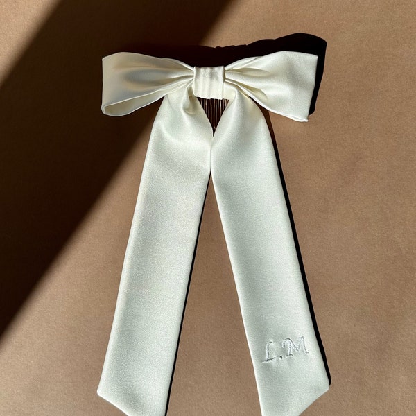 Ivory Satin Personalised Hand Embroidered Bow